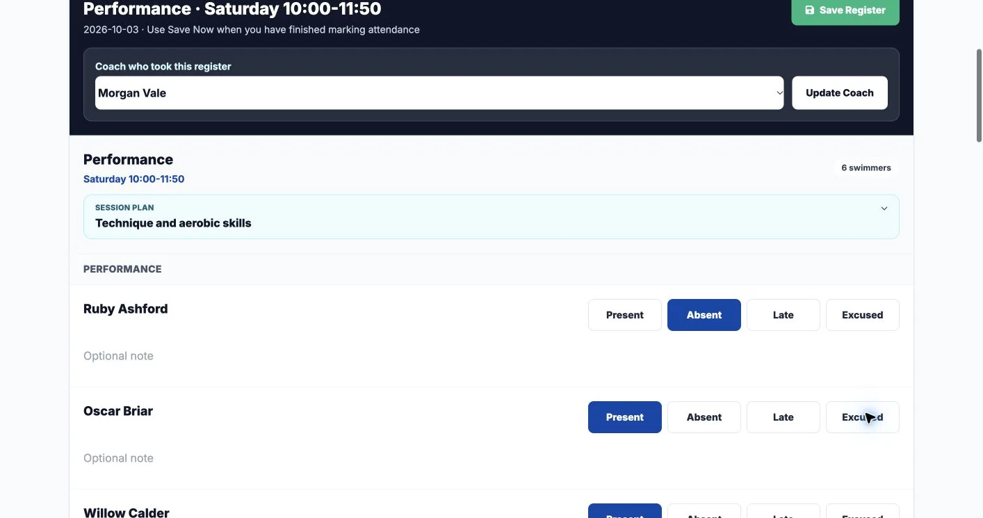 Attendance register with fictional swimmers and the published session plan