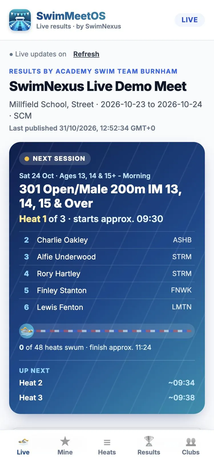 Live results page on a phone showing the next heat, lanes and estimated times