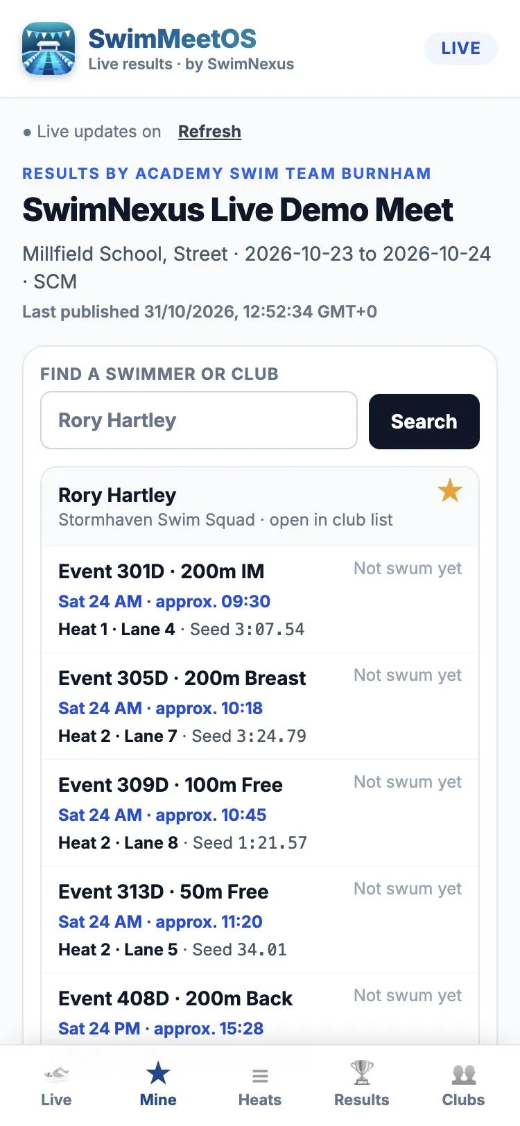 A starred swimmer on a phone with their races, heats, lanes and estimated times