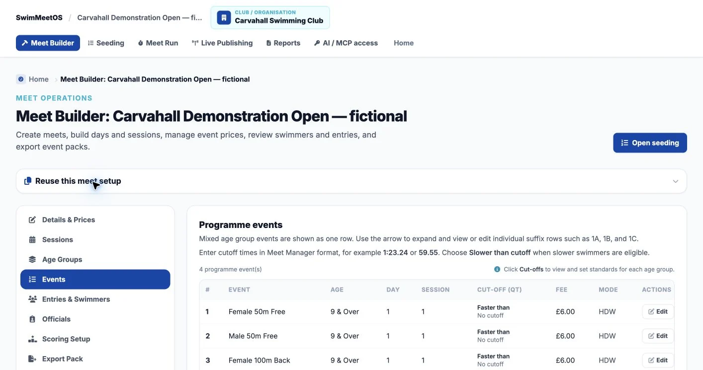 Meet programme with four demonstration events