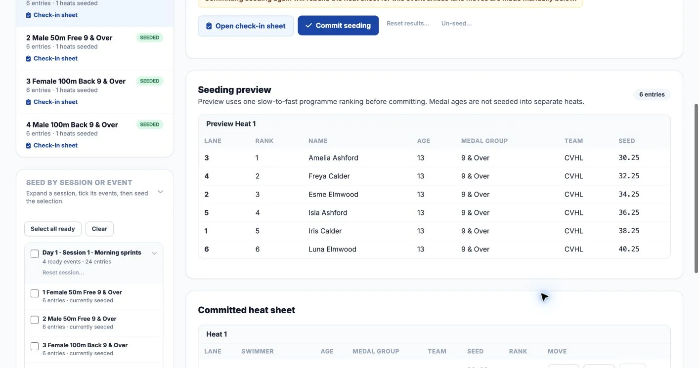 Seeding preview with fictional swimmers and assigned lanes